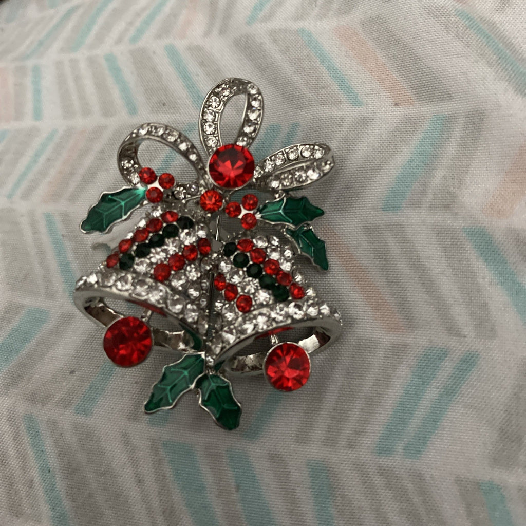 Rhinestone Bells Brooch Pin Christmas Holiday Silvertone Bling Bow Holly Red Blk