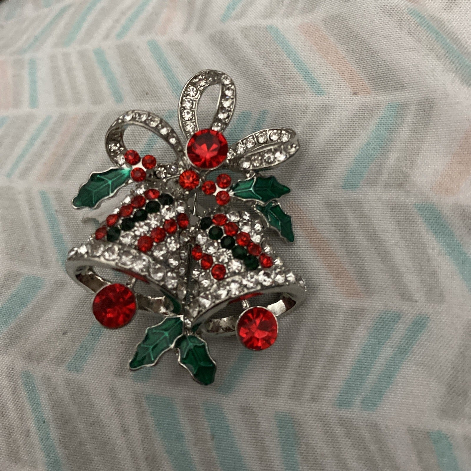 Rhinestone Bells Brooch Pin Christmas Holiday Silvertone Bling Bow Holly Red Blk