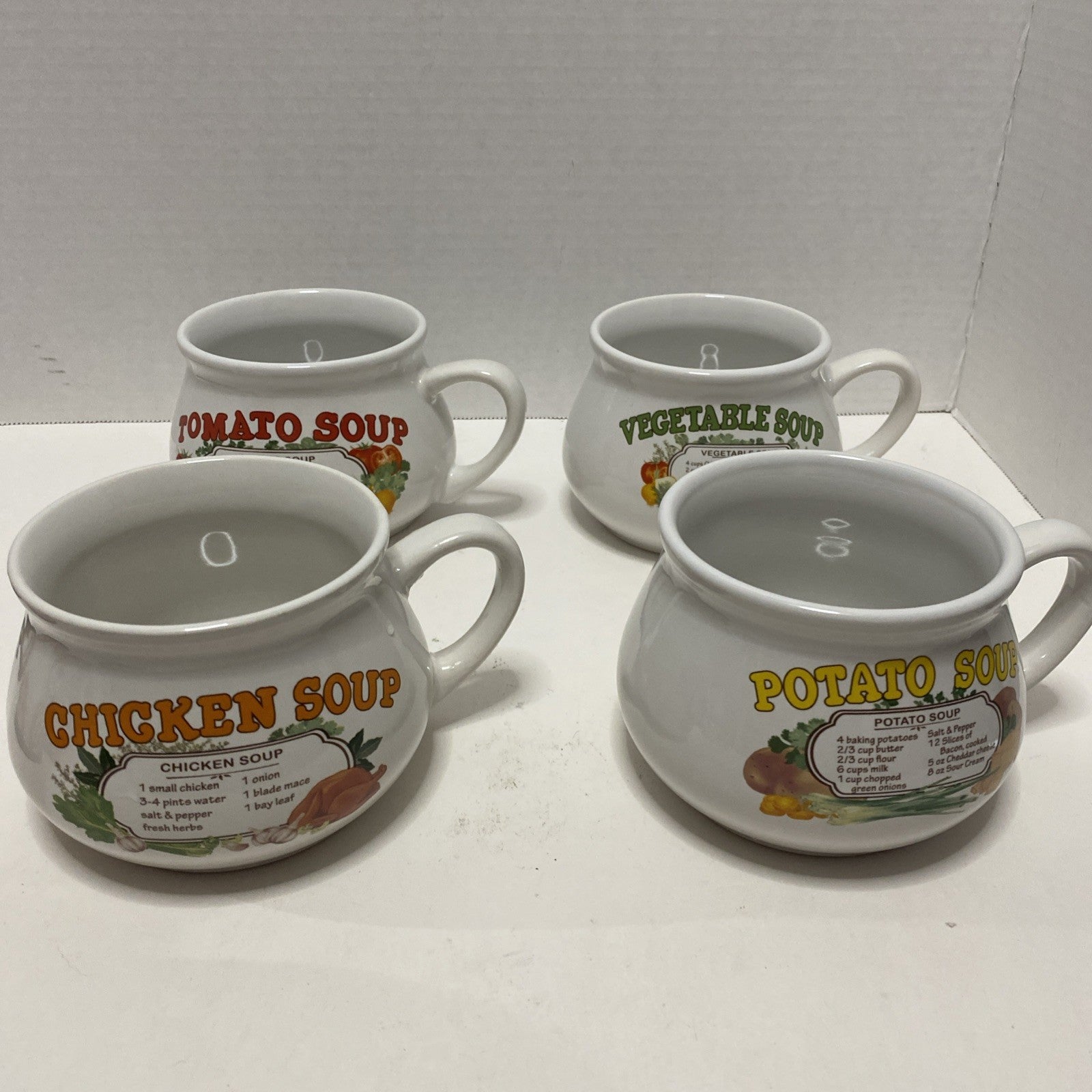 Vintage Set of 4 DDJ Recipe Ceramic Soup Mug Bowls Potato Tomato Chicken Veggie