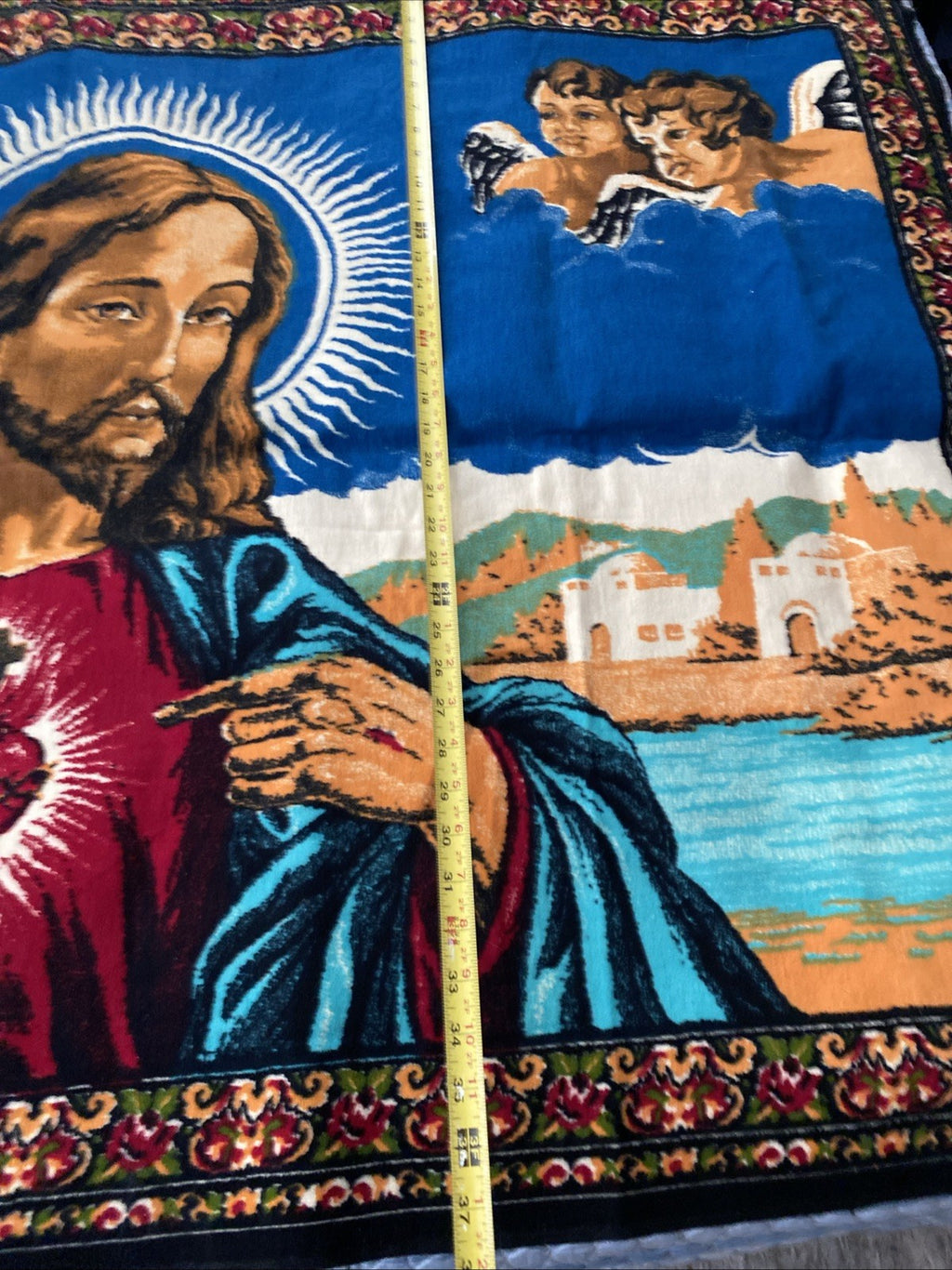 Jesus Sacred Heart Wall Tapestry 57" X 38" Made In Turkey Mid Century Vintage 