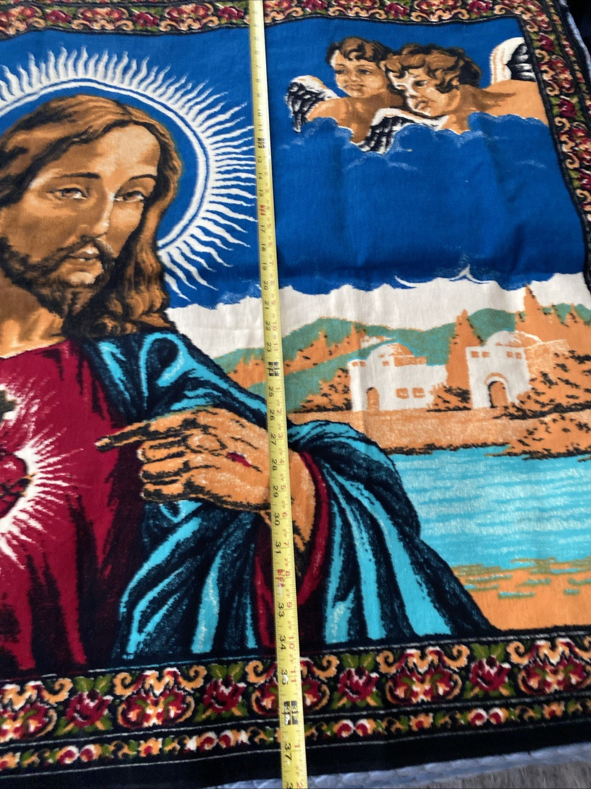 Jesus Sacred Heart Wall Tapestry 57" X 38" Made In Turkey Mid Century Vintage 