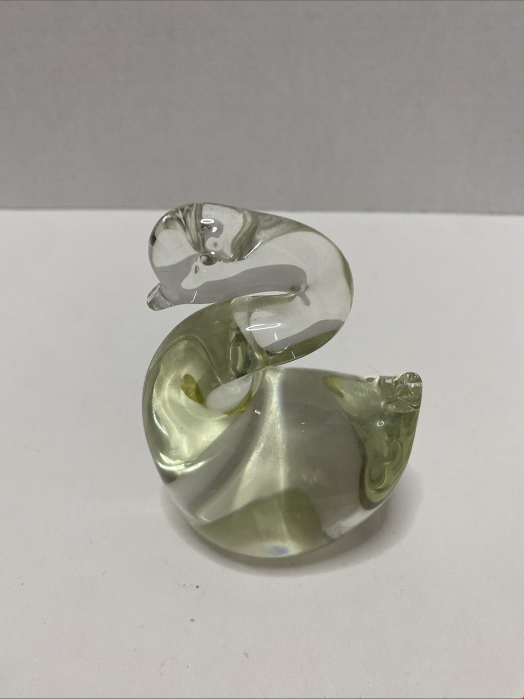 Vintage Clear With Yellowing Glass Paperweight Swan 4”