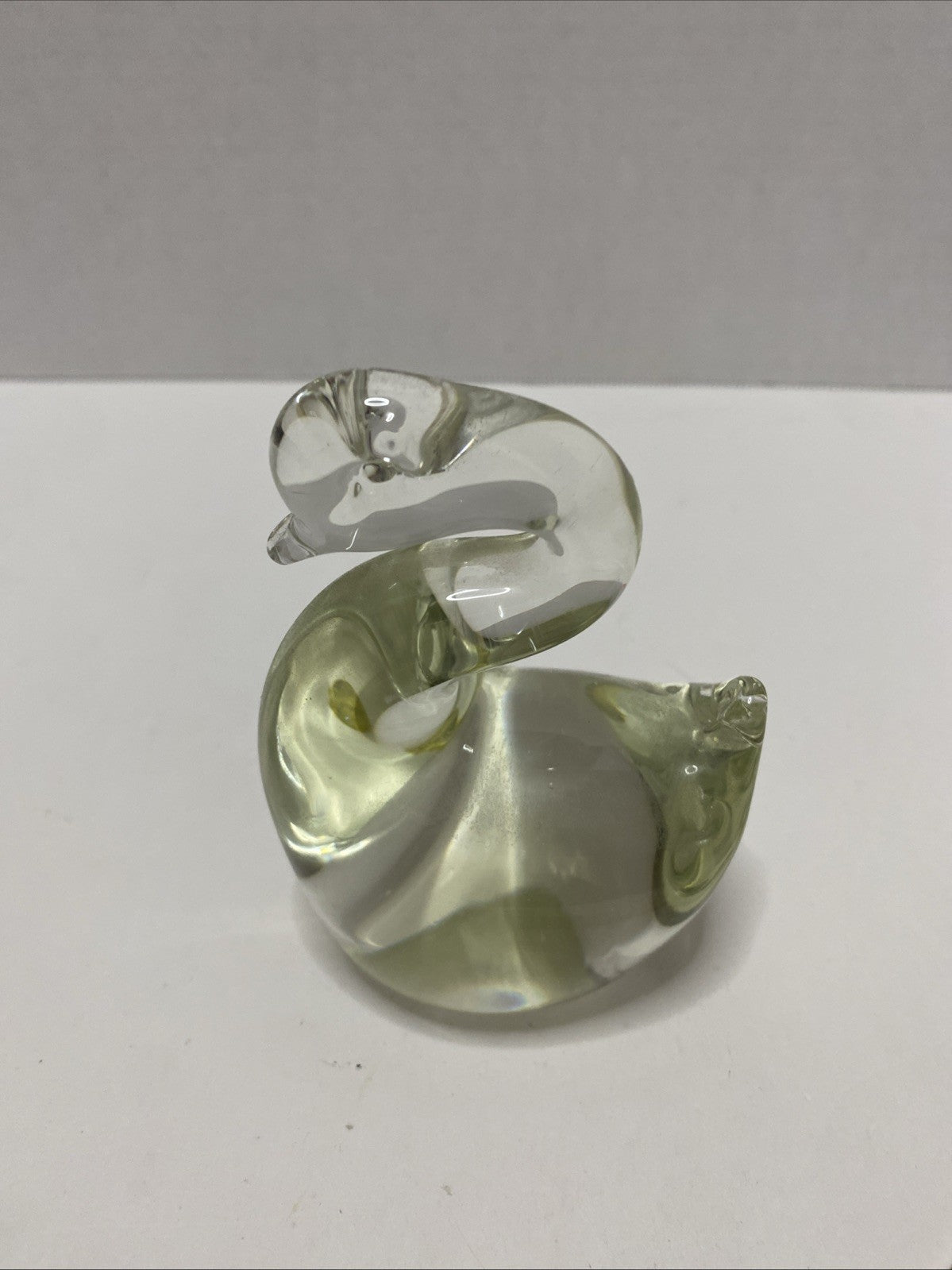 Vintage Clear With Yellowing Glass Paperweight Swan 4”