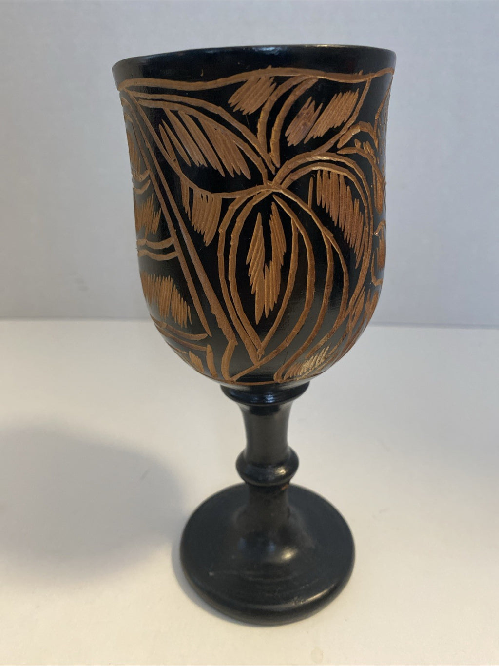 Vintage Black Hand Carved Wooden Stemmed Goblet Light Brown Interior 7.25” (B6)