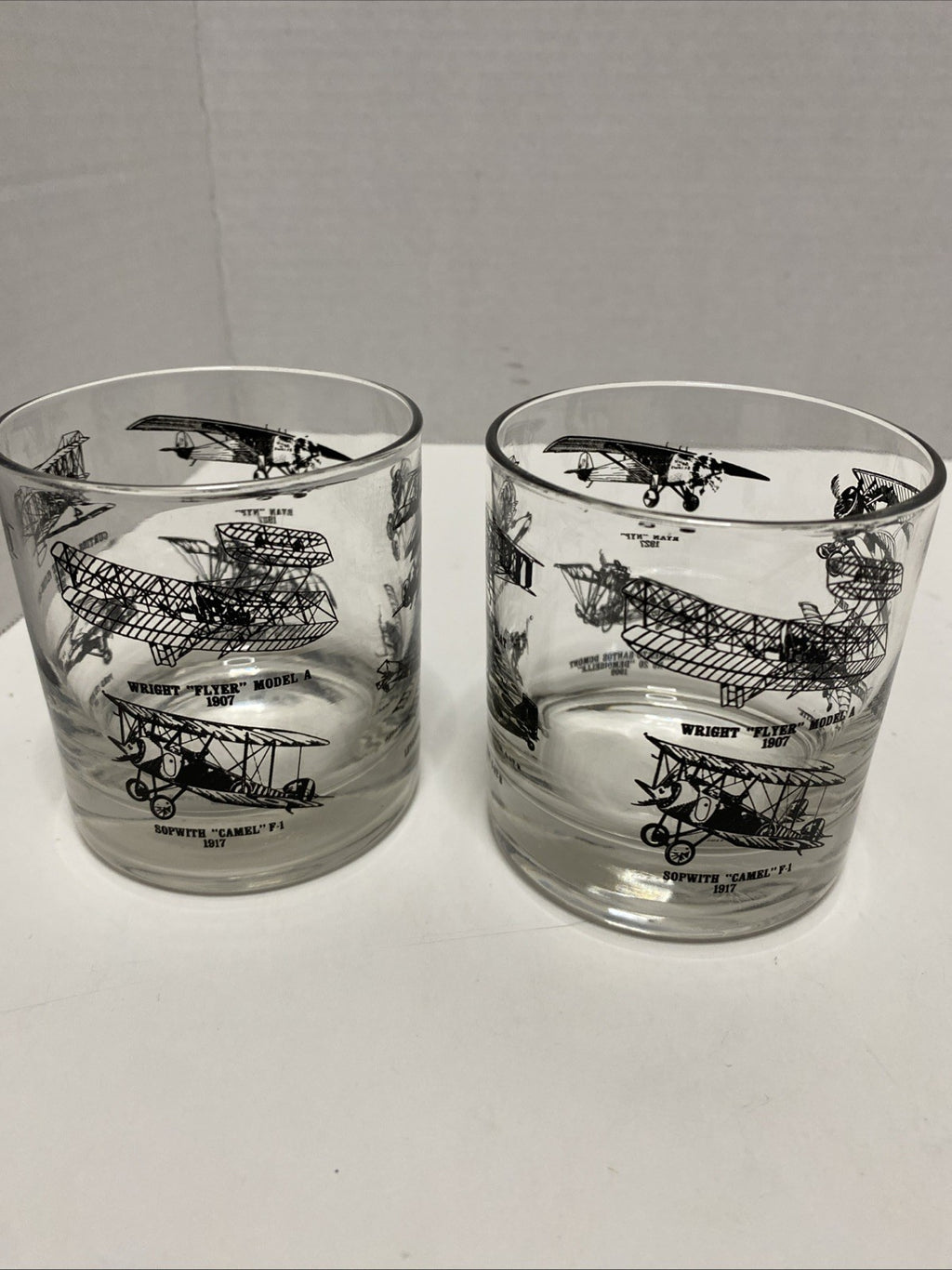 Glass Cup Wright Flyer Model A Sopwith Camel F1 Demoiselle Fokker NYP Set Of 2