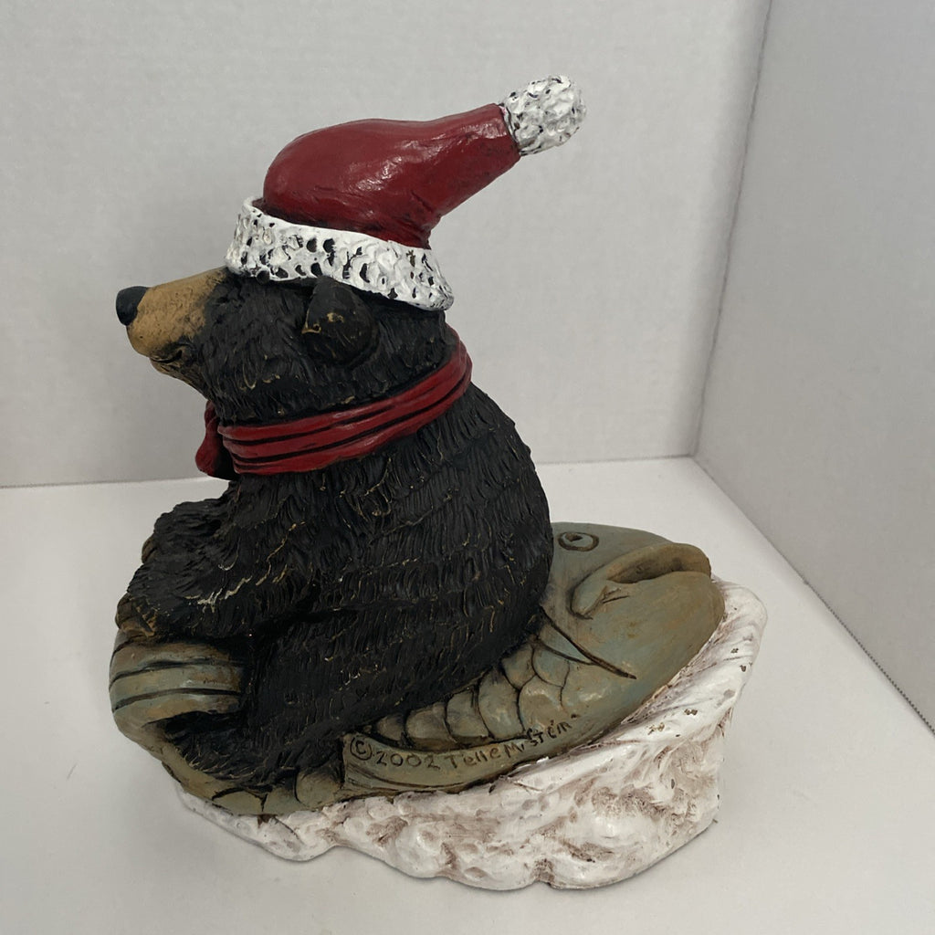 Stone Bunny Inc Bear Sleigh Ridd 9.75" Statue Christmas Fish 2002 Telle M Stein