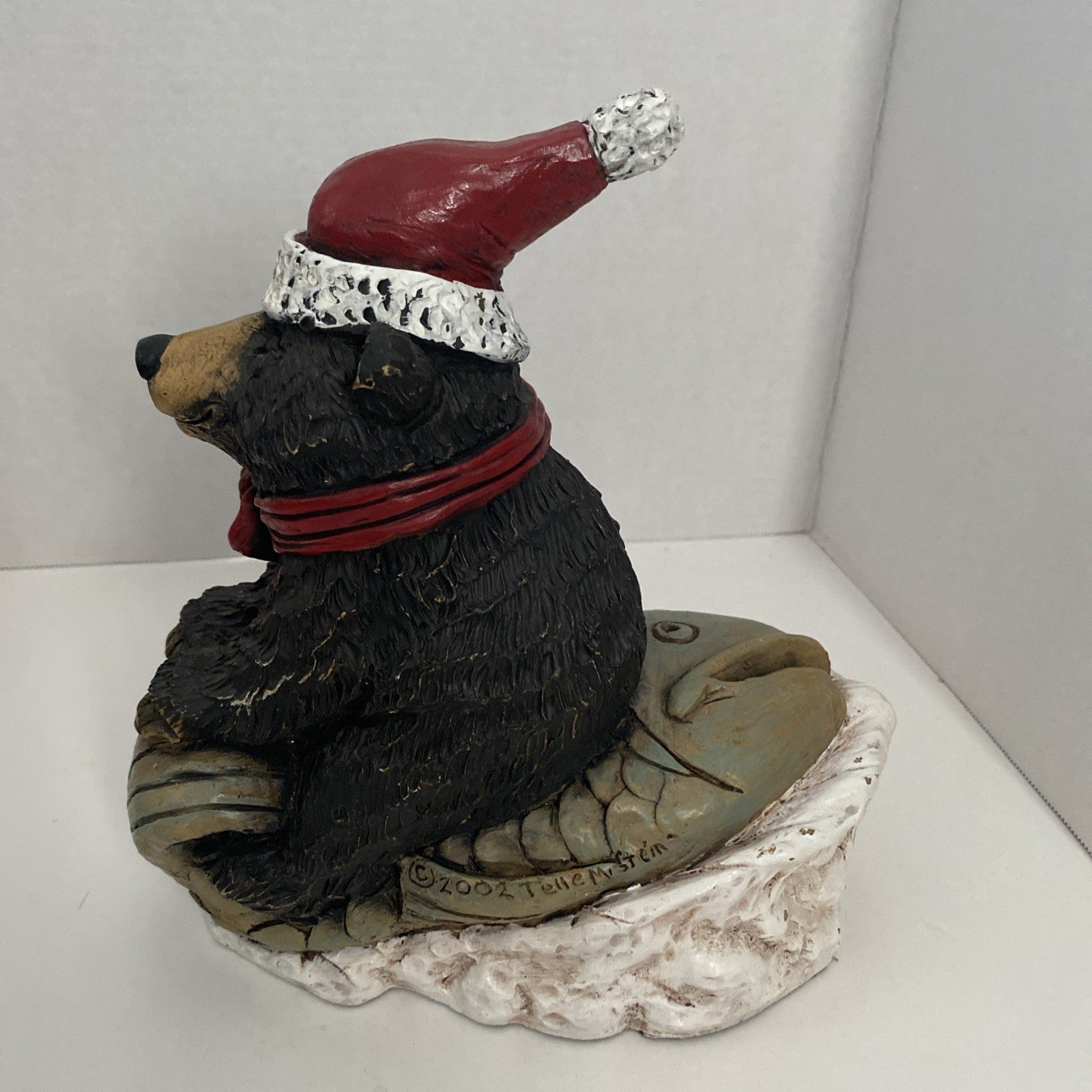 Stone Bunny Inc Bear Sleigh Ridd 9.75" Statue Christmas Fish 2002 Telle M Stein