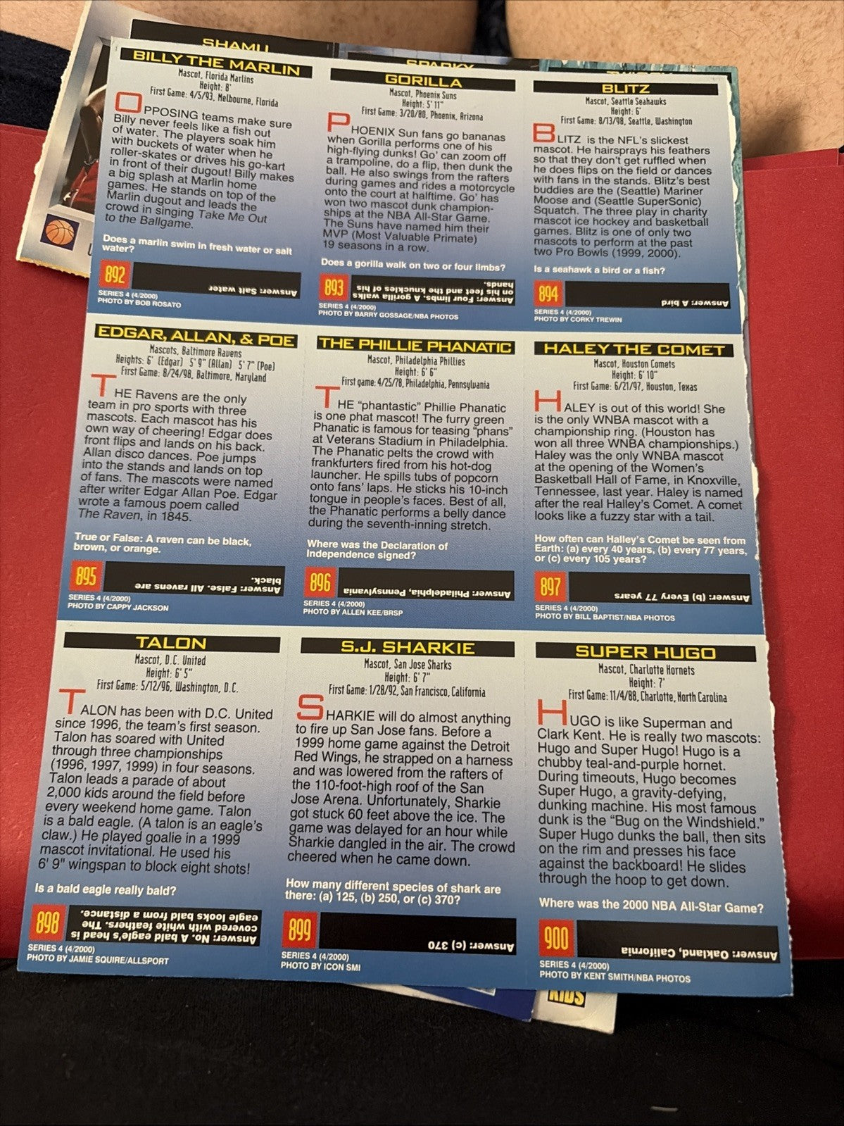 Phillie Phanatic Blitz Gorilla 2000 Sports Illustrated for Kids SI 9 card sheet