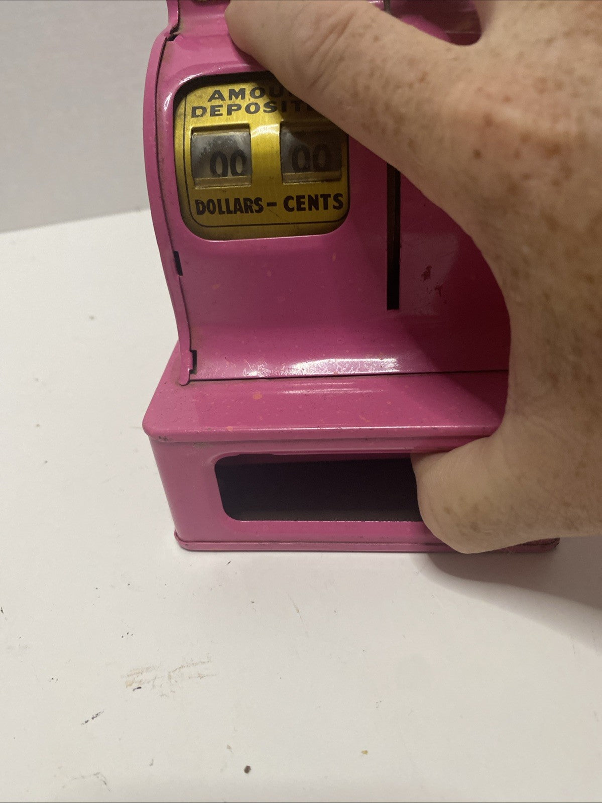 Vintage~Uncle Sam~Pink Metal Cash Register Coin Bank~Counts Money/Locks~Works