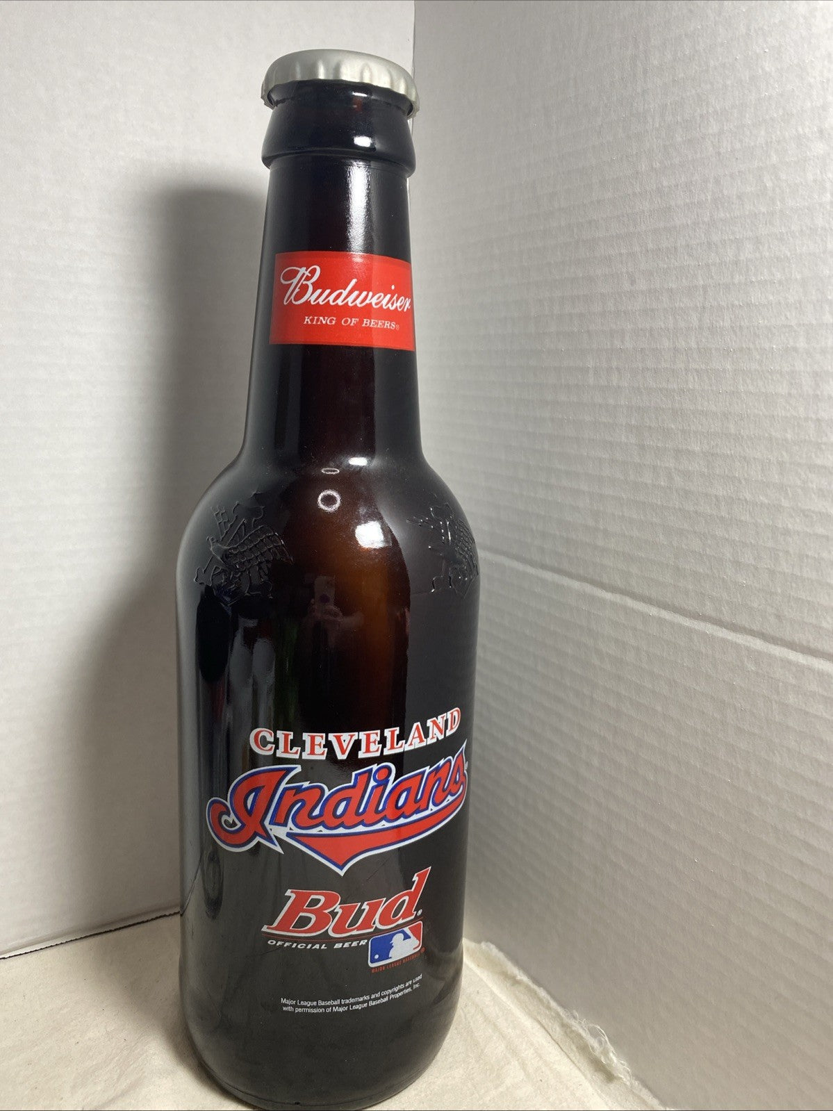 Cleveland Indians Budweiser Beer Large Glass Bottle 14 1/2" Tall