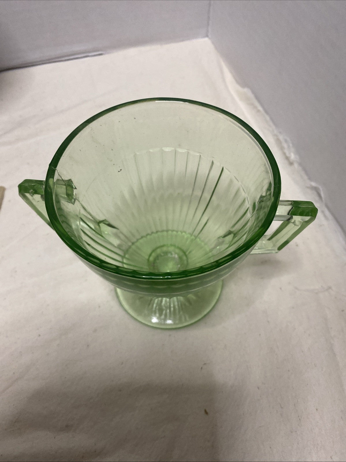 Sugar Bowl Depression Uranium Green Glass Vertical Ridge 4 in tall