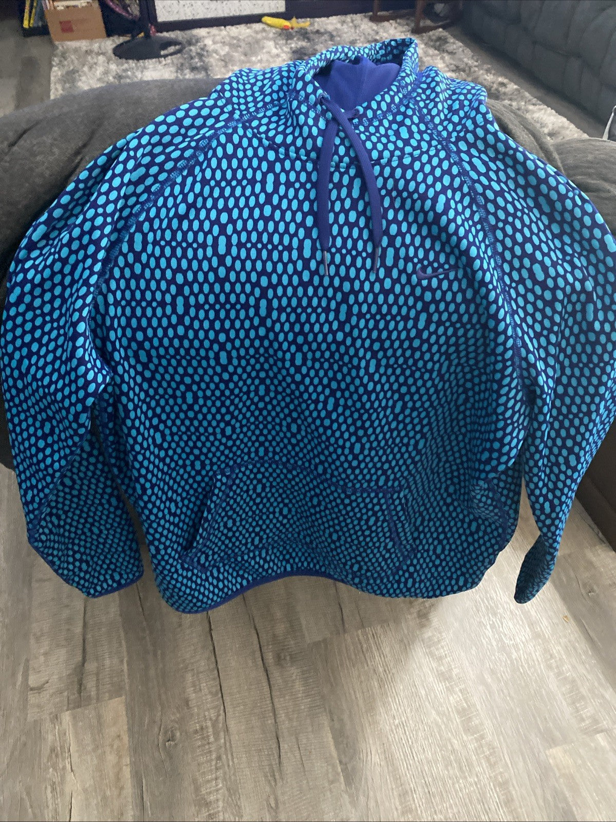 NIKE WOMEN HOODIE L NAVY & AQUA POLKA DOT Therma-Fit Fleece Sweatshirt