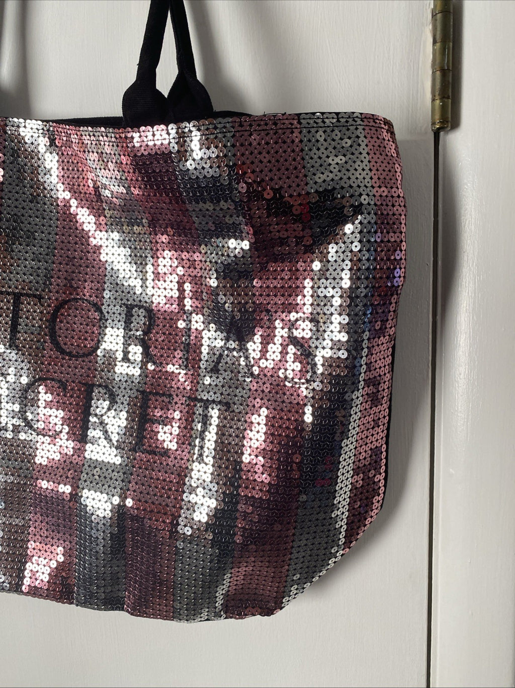 VICTORIAS SECRET PINK LG pink silver glittery tote bag double handles w/logo