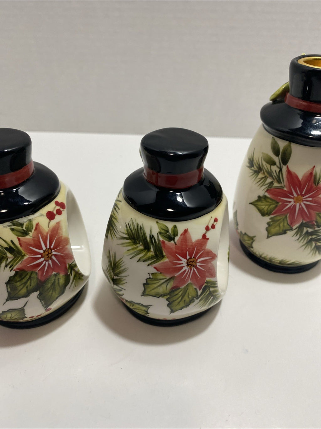 Lot Of 2 Poinsettia Snowman Napkin Ring Holders And 2 Candle Holders