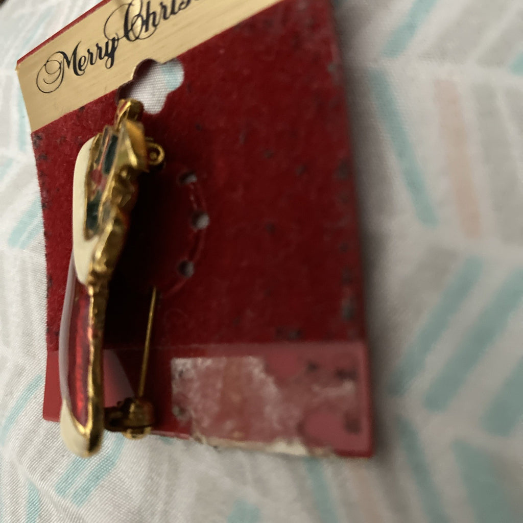 Gold Tone Red Enamel Christmas Stocking Pin Brooch with  Toys 2 Inch