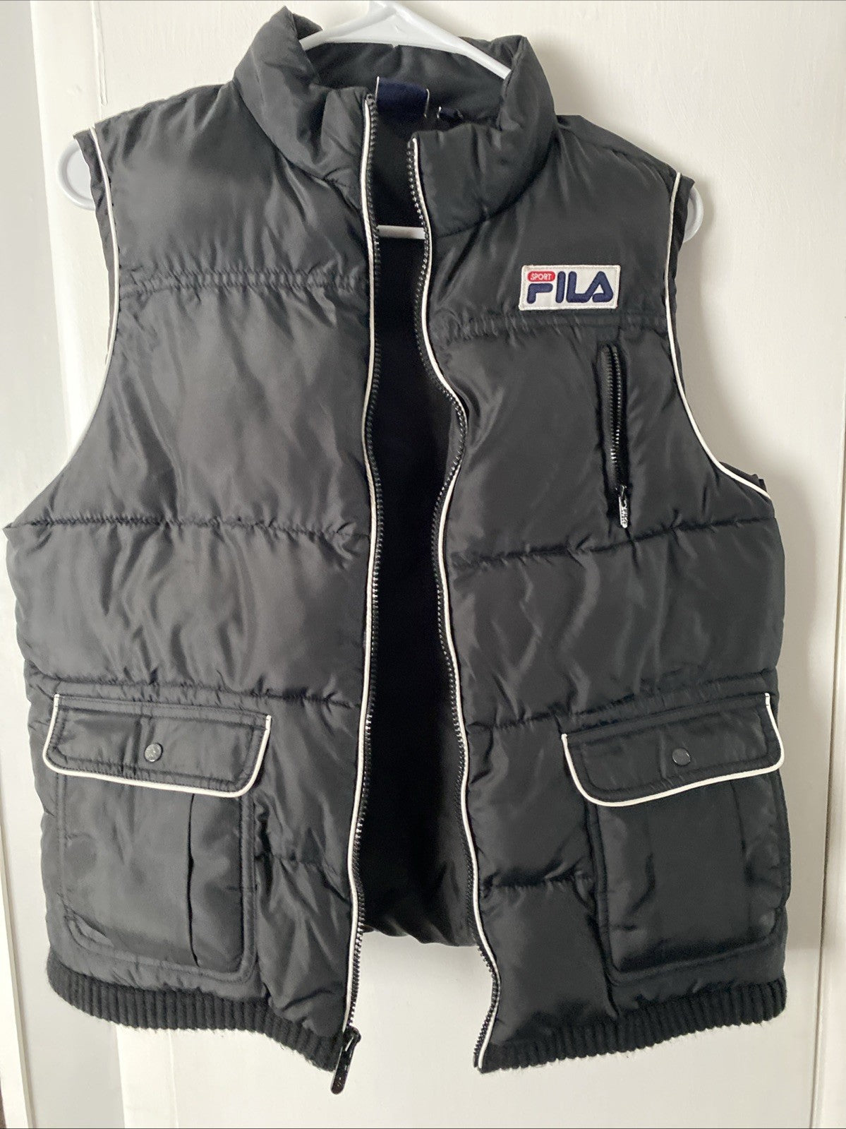 Fila Vest Womens Medium Black Puffer Full Zip Mock Neck Flap Pockets Ribbed Hem