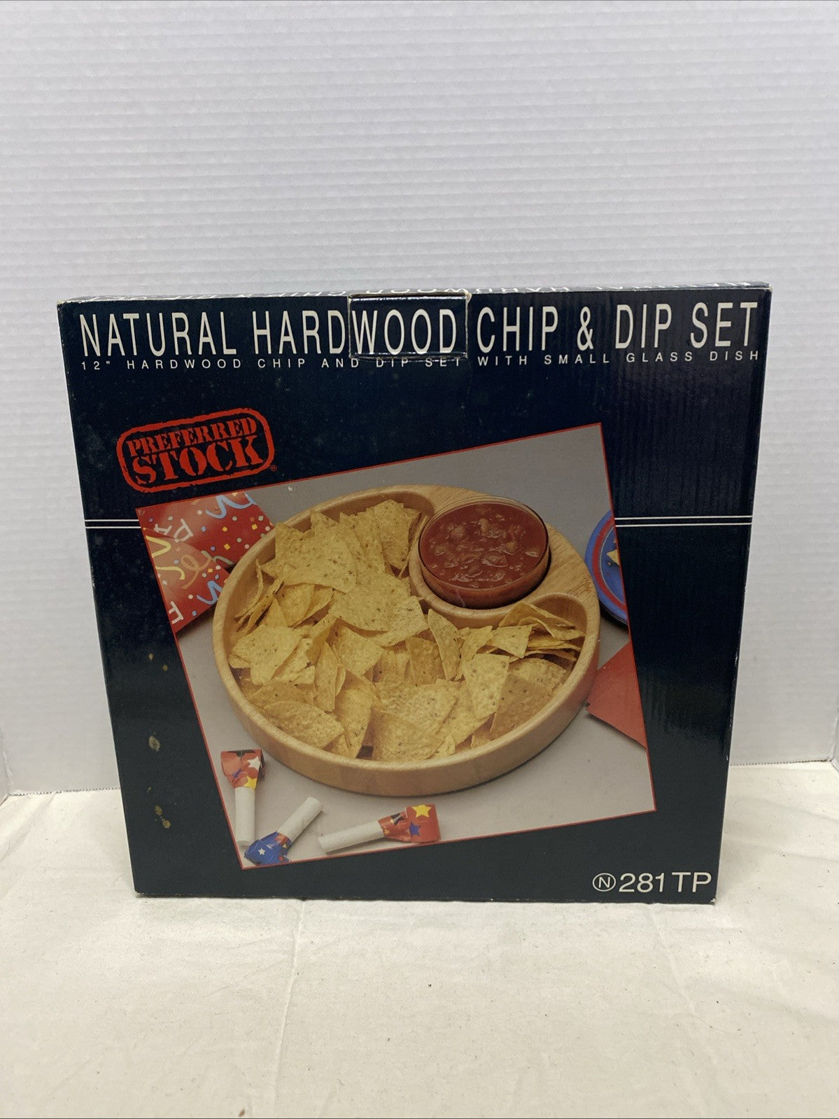 NIB Preferred Stock 12” Natural Hard Wood & Glass Bowl Chip & Dip Appetizer Set