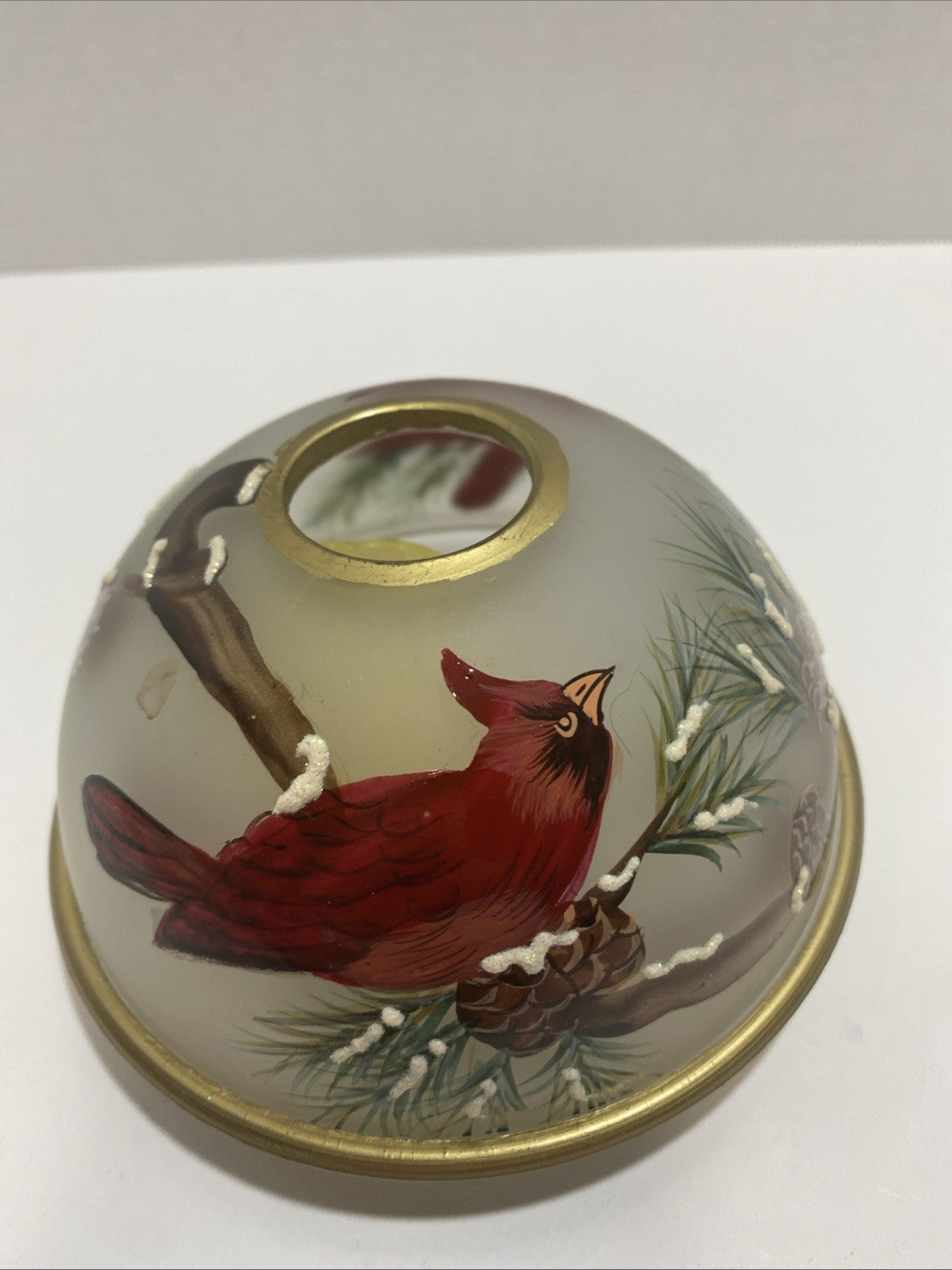 Dennis East International Frosted Glass Candle Holder Cardinal and Winter Pine