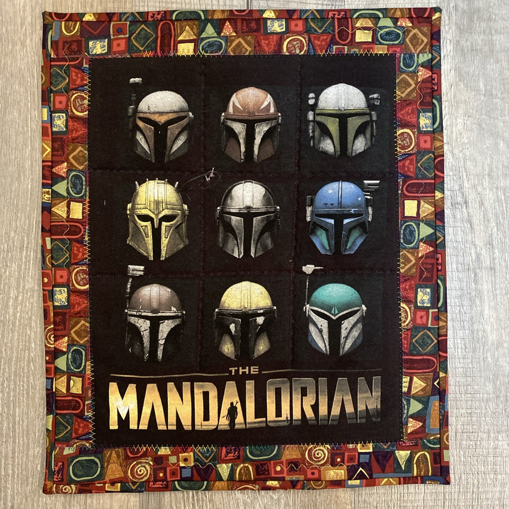 The Mandalorian Quilted Black T-Shirt  Tee Star Wars Mando Helmet -14 X 16