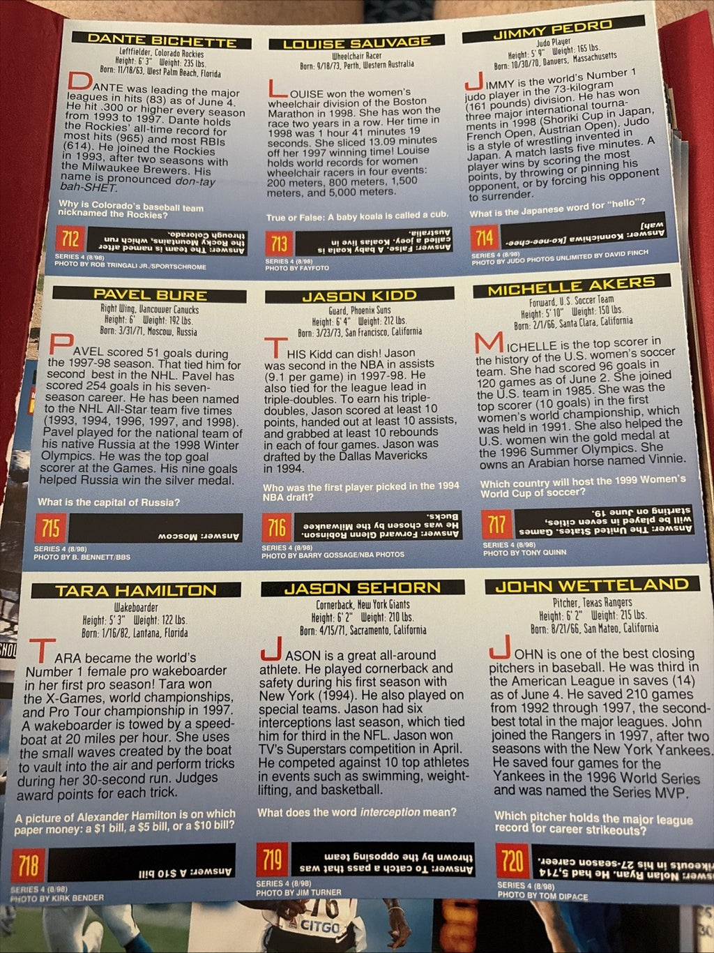Sports Illustrated For Kids August 1998 Uncut Sheet #712-720 Kidd, Bure, Pedro