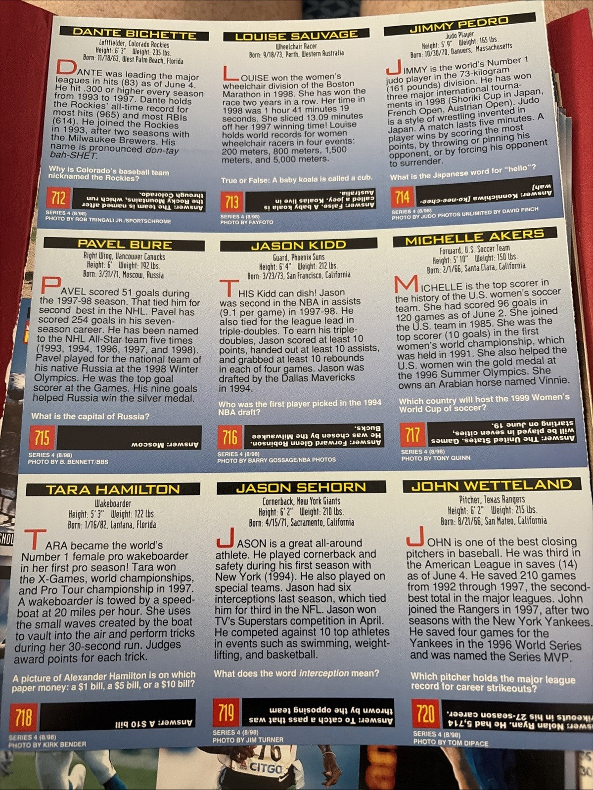 Sports Illustrated For Kids August 1998 Uncut Sheet #712-720 Kidd, Bure, Pedro