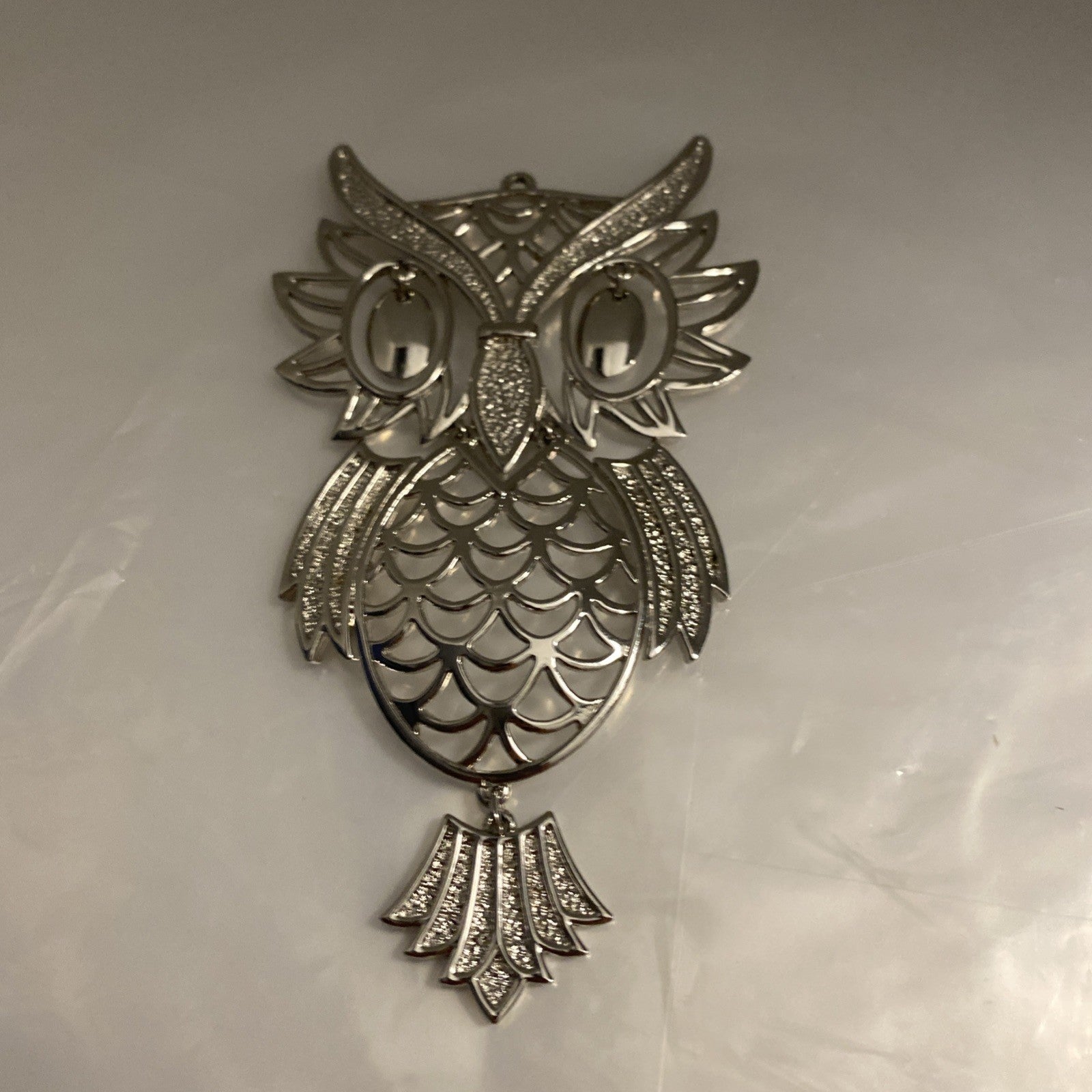 Vintage Silver Tone Large Owl Statement Pendant Bead Eyes Hinged