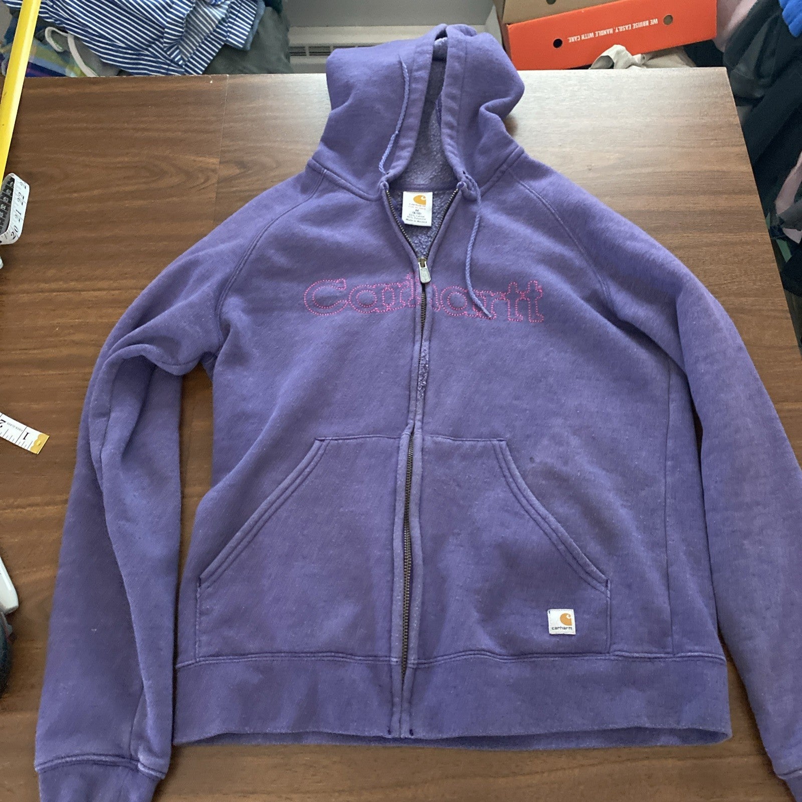 Carhartt Womans Medium 8/10 Full Zip Hoodie Purple W/Pink Writing