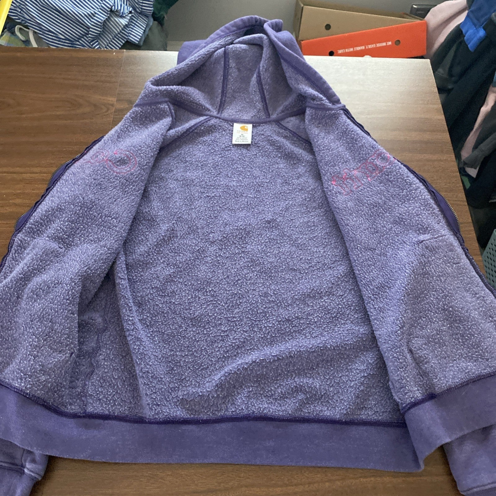 Carhartt Womans Medium 8/10 Full Zip Hoodie Purple W/Pink Writing