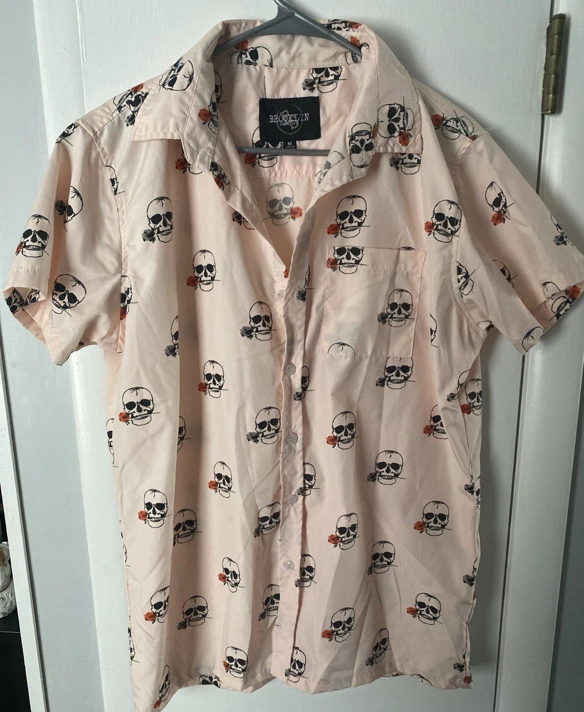 Brooklyn Standard Skull & Roses Button-Up Short Sleeve Men's Shirt Pink Size M