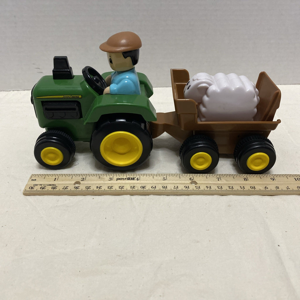 John Deere Preschool Toy Tractor w/ Farmer & Sheep Moves in Trailer w/Pull 