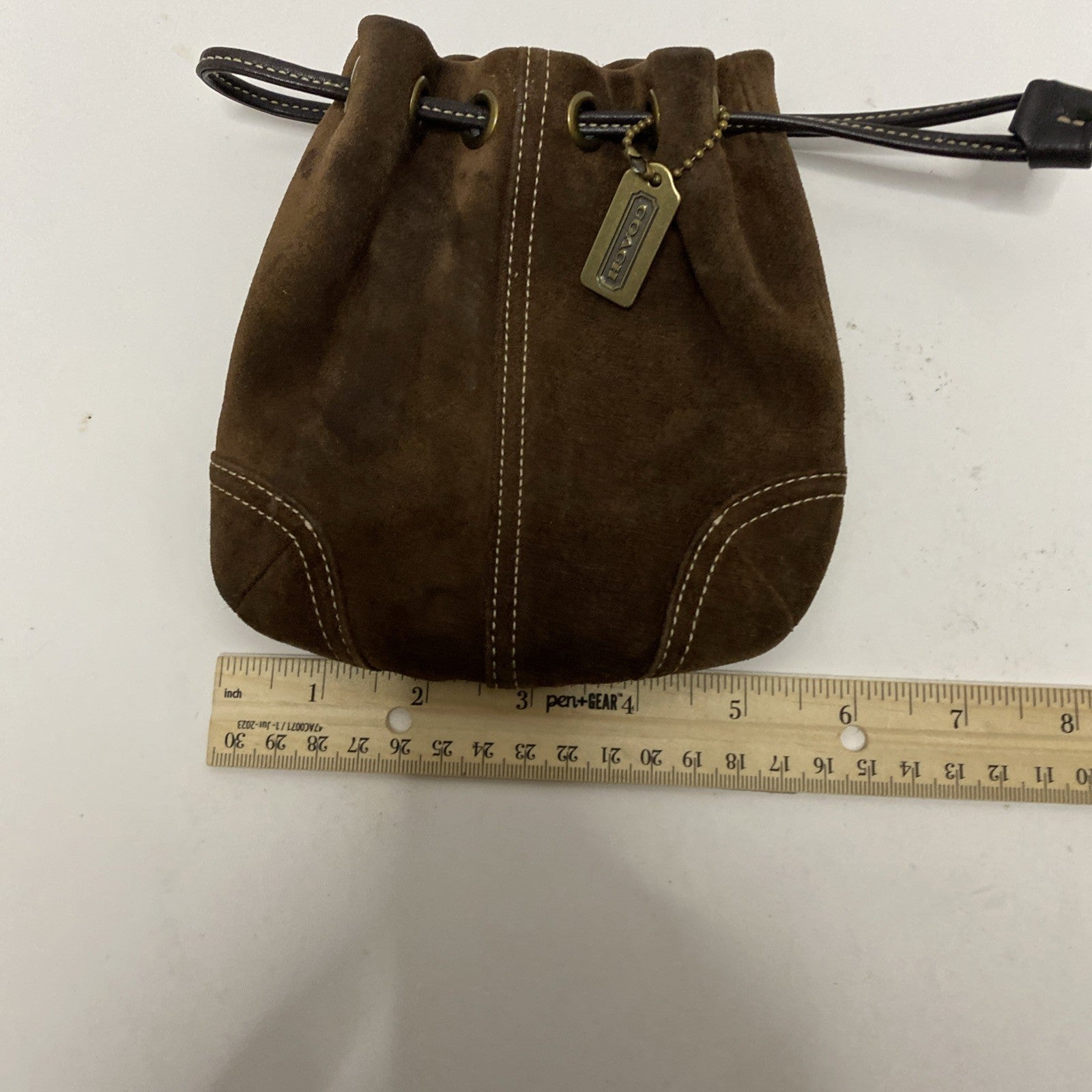 COACH VINTAGE MARBLE BAG DRAW STRING Brown  SUEDE SMALL EUC 6” x 6”