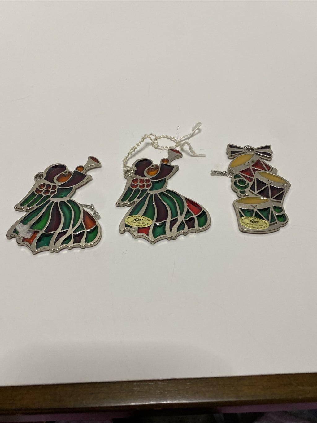 3 Vintage Russ Berrie Stained Glass Style Holiday Christmas Ornaments Angel Drum
