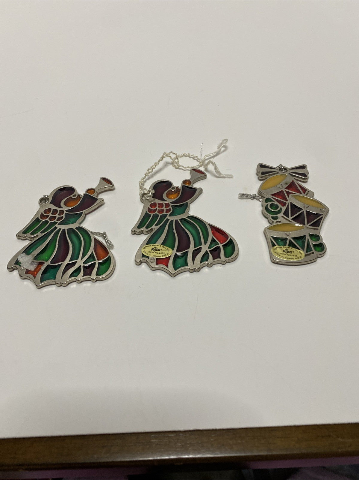 3 Vintage Russ Berrie Stained Glass Style Holiday Christmas Ornaments Angel Drum