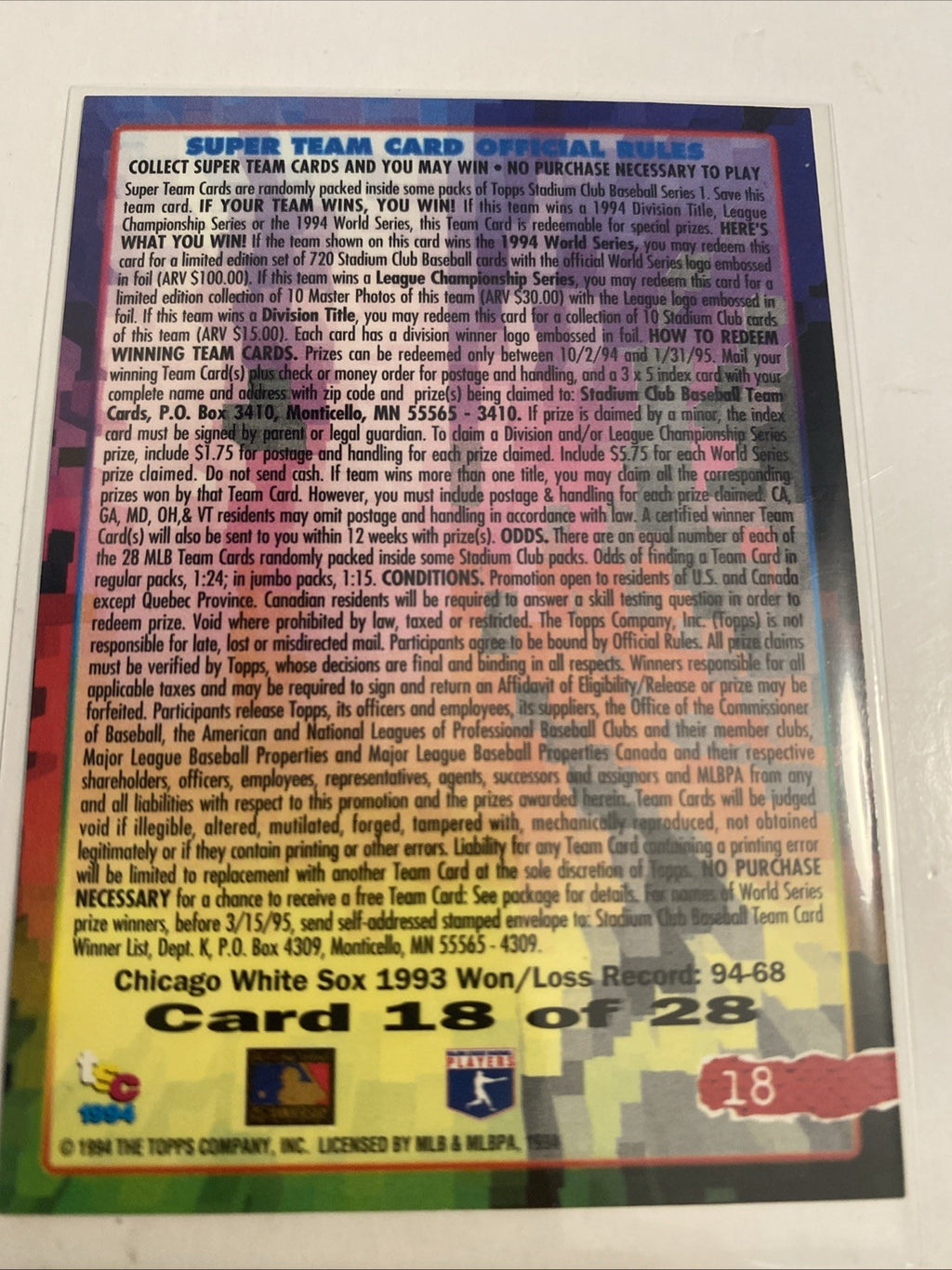 1994 Topps Stadium Club - Super Team Chicago White Sox #18