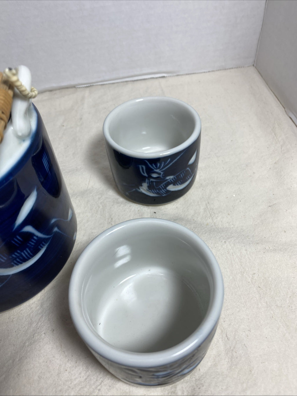 Vintage MCI Japan Blue Ceramic Teapot and Cup Set with White Etched Deer Design