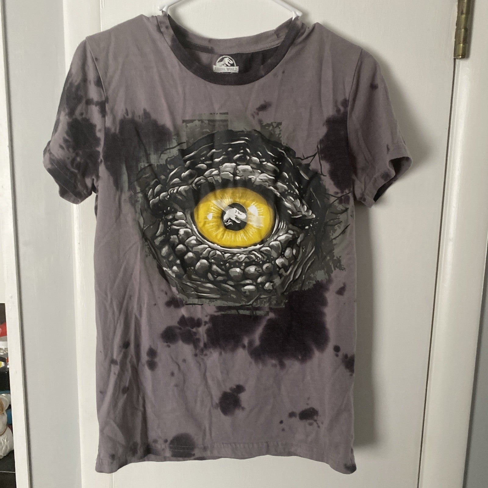 Jurassic World Gray /Black Tie Dye Tee Shirt T-Shirt Big Yellow Eye On Chest S