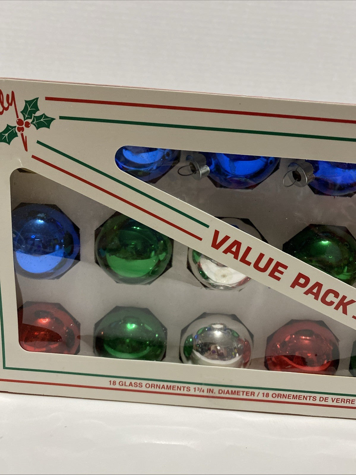 18 Glass Ornaments 1 3/4 Diameter Vintage Holly Brand Value Pack Box Made In USA