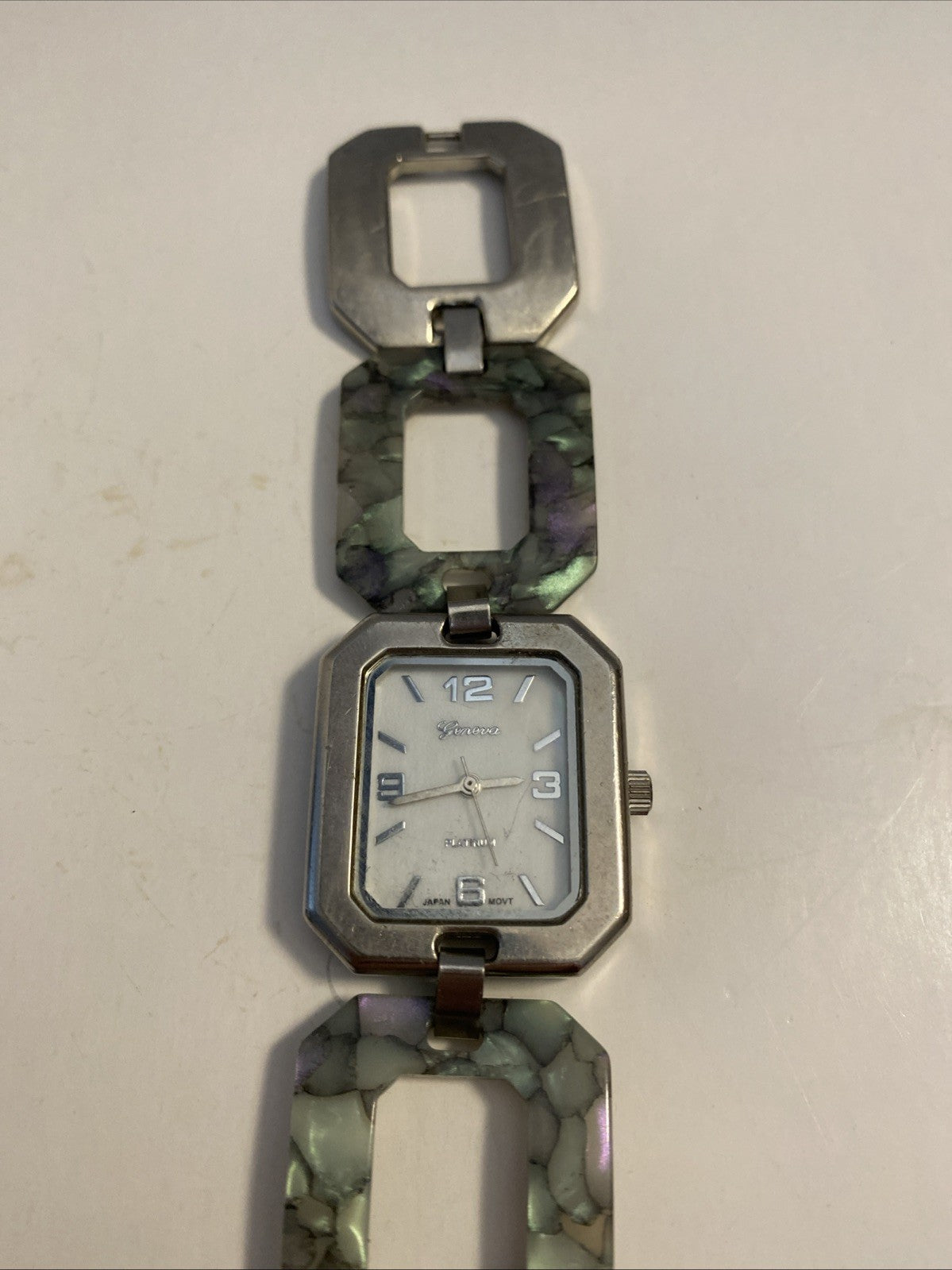 Geneva Platinum Watch Women 28mm Silver Tone Tortoise Band New Battery 7.75"