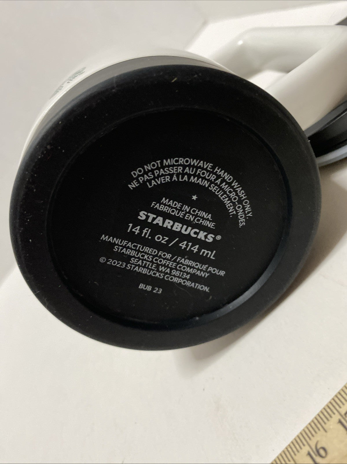 STARBUCKS Travel Mug 14 Oz White With Black Lid and Rubber Bottom