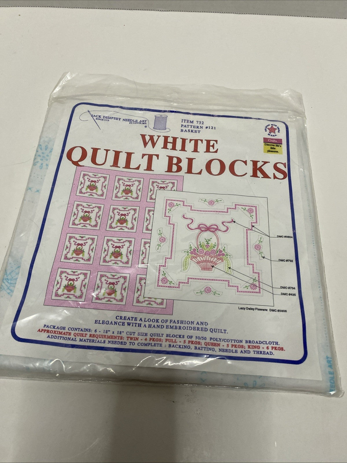 Jack Dempsey White Quilt Blocks #732~ Floral Design ~ NEW Set of 6 - 18" x 18"