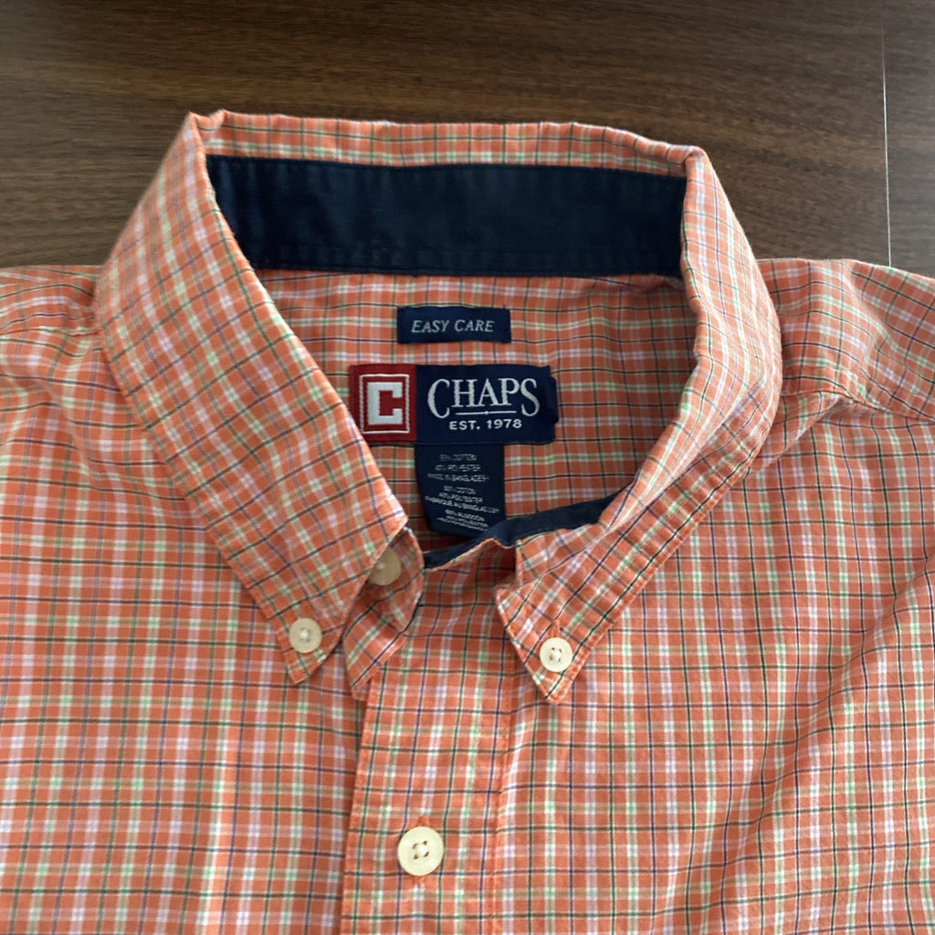 Chaps Easy Care Mens Shirt Orange & White Large Short Sleeve Button Plaid Pocket