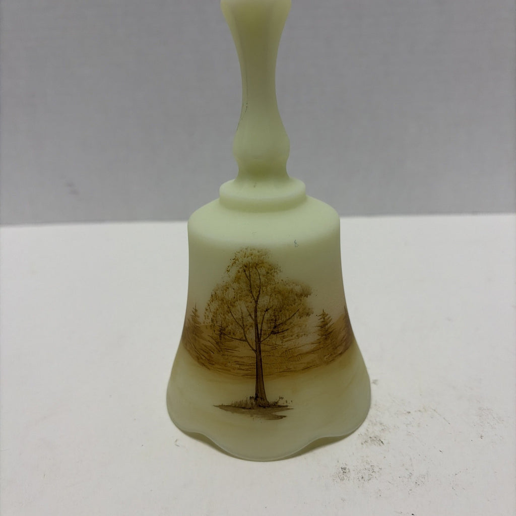Vintage Fenton Uranium Custard Glass Bell Log Cabin Hand Painted Signed ~ Glows