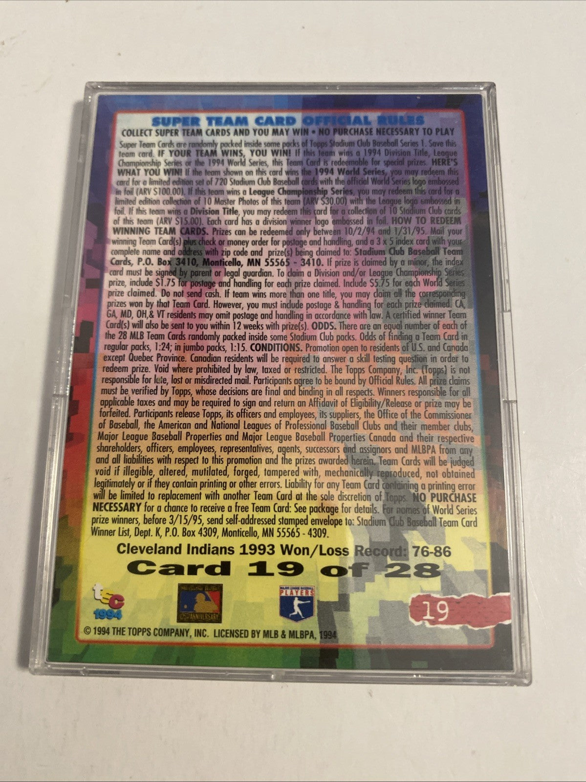 Top stadium club Cleveland Indians super team card 1993 card number 19