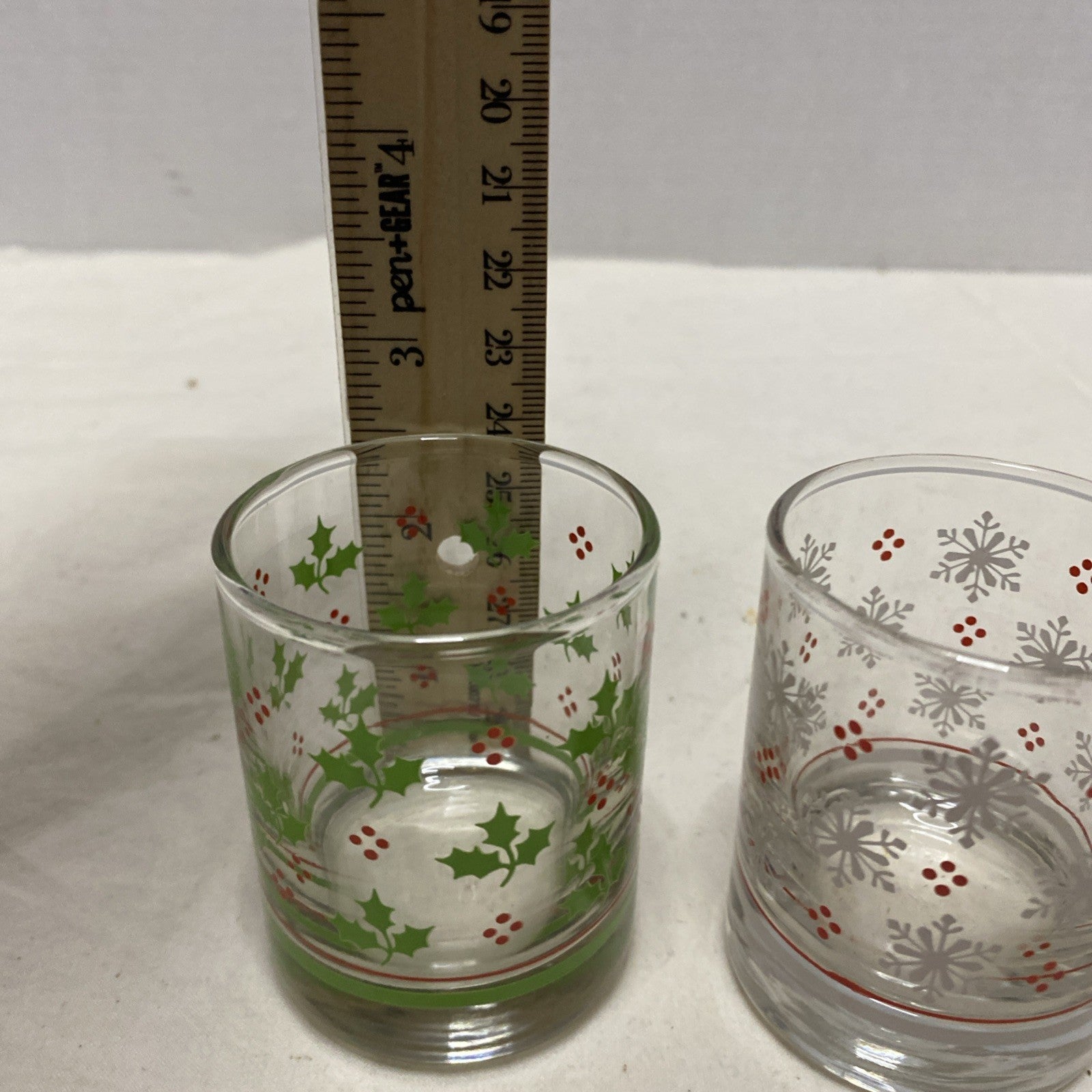 Set of 2 -Holly Berry & Snowflake Lowball Rocks Drinking Glasses