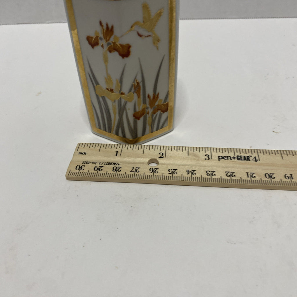 Vintage Gold Hummingbird Iris Orchid  Hexagonal Ceramic Bud Vase