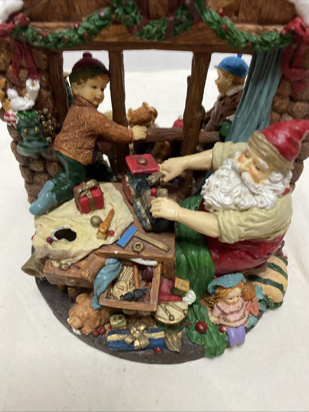 VTG 2-SIDED SANTA’S WORKSHOP CHRISTMAS FIGURE  7”H LOTS OF TOYS & SANTA AT WORK!