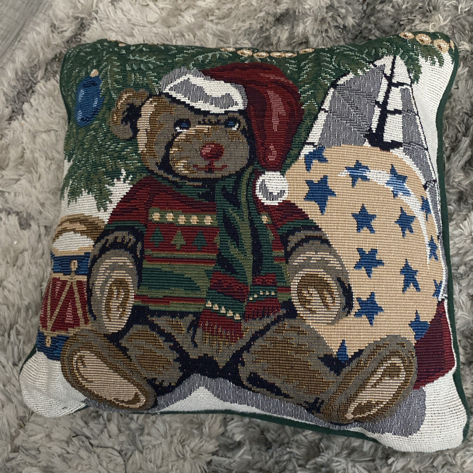 Christmas Tapestry Throw Pillow Teddy Bear 11x11 Green square