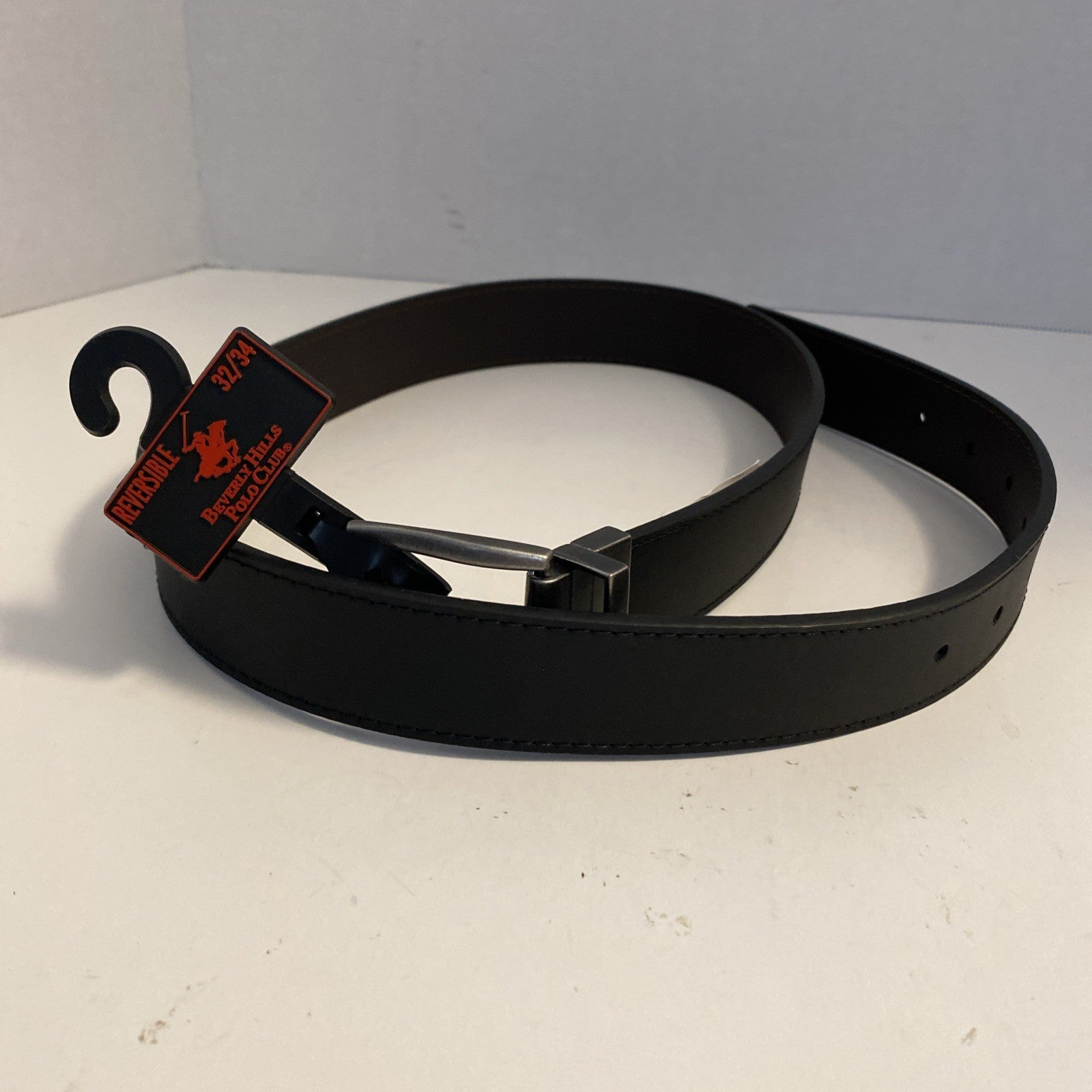 Beverly Hills Polo Club Bonded Leather Mens Belt Black 32/34 Square Buckle New