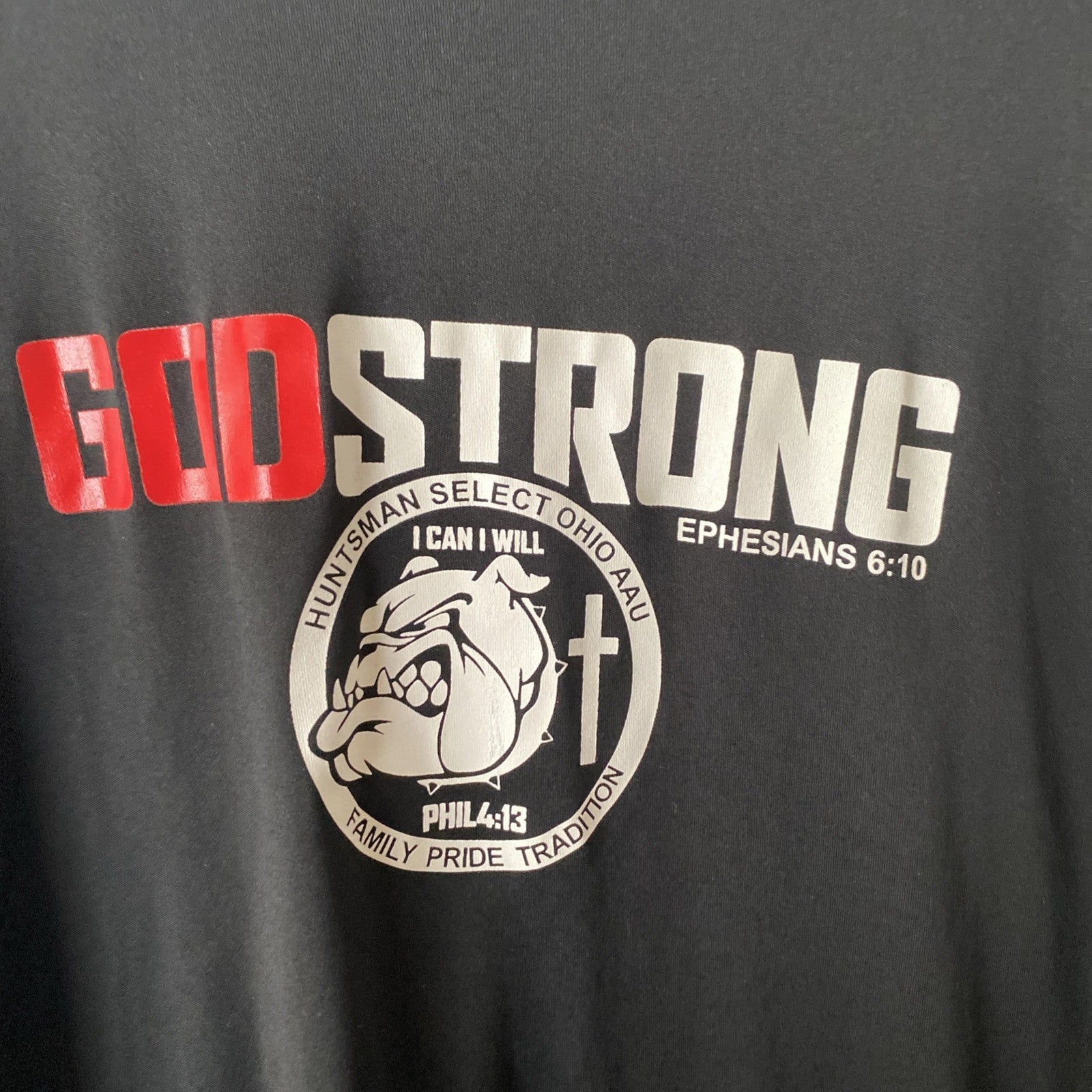 God strong long sleeve black sweat wicking Philippians 4:13 size small AAU baske