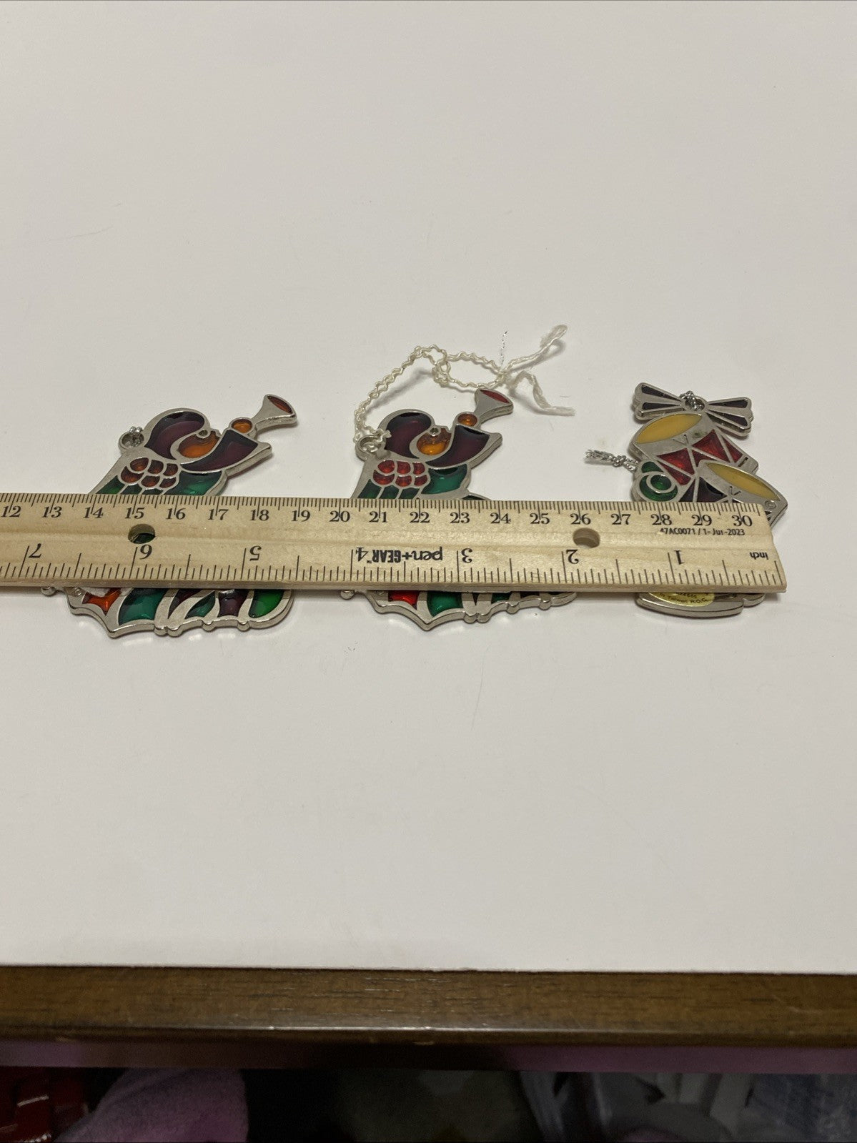 3 Vintage Russ Berrie Stained Glass Style Holiday Christmas Ornaments Angel Drum
